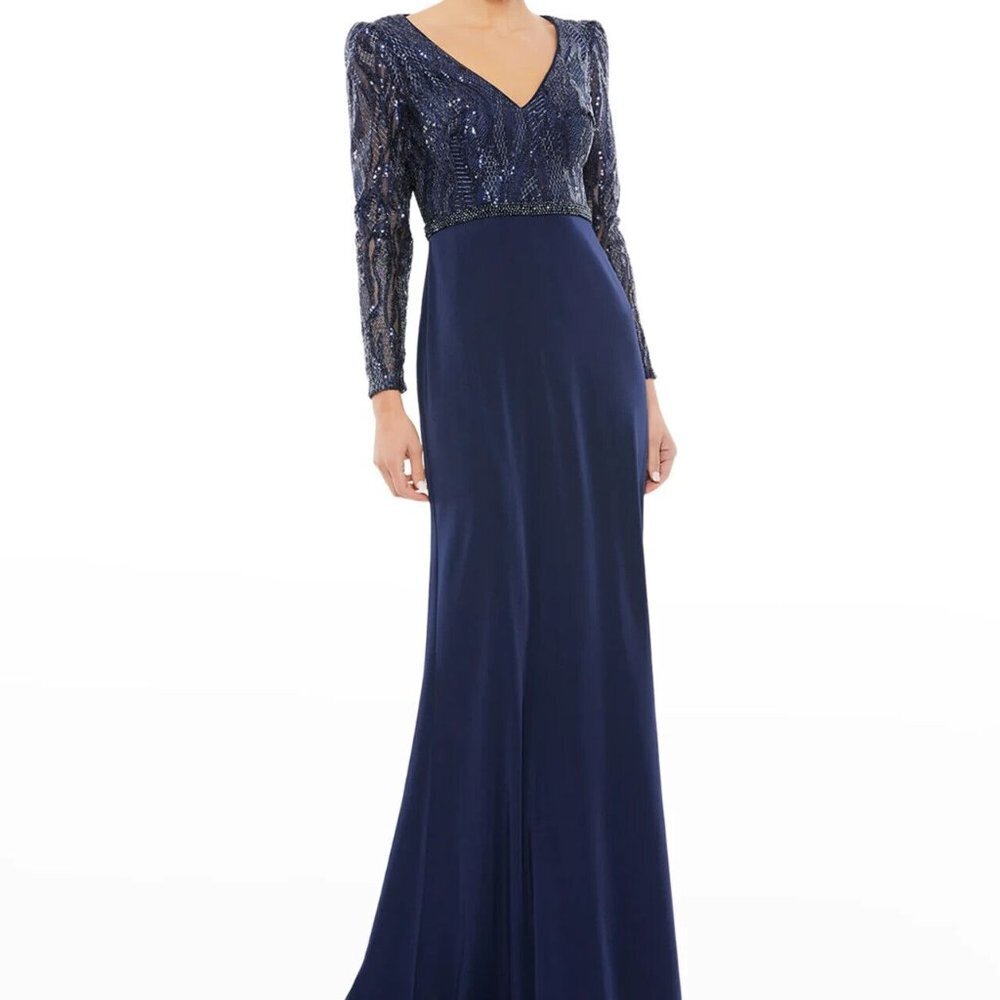 Mac Duggal Midnight Blue V-Neck Long Sleeve Empire Waist Gown